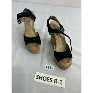 Womans Steve Madden Jess Cork Wedge Sandals 5.5 M Black Strappy Open Toe Straps